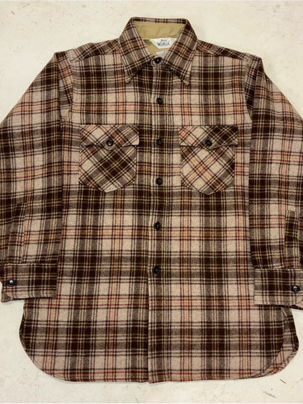 Vintage Woolrich Plaid Shirt Jacket in Cream, Brown and Red 70s